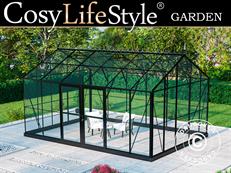 Orangery, greenhouse Glass 16.5 m², 4.45x3.71x3.16 m w/base and cresting, Black