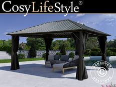 Gazebo San Bernardino w/curtains and mosquito net, 3.65x4.85 m, Black
