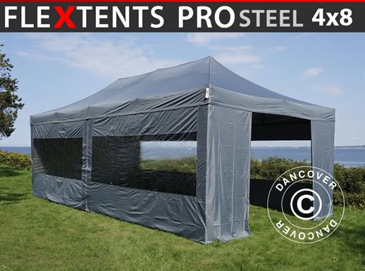 Faltzelt FleXtents PRO Steel 4x8m Grau, mit 6 Seitenwänden