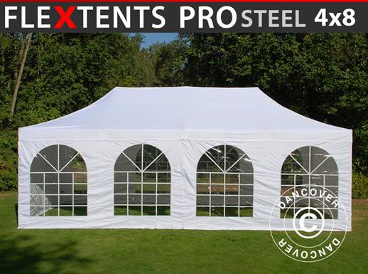 Faltzelt FleXtents PRO Steel Vintage Style 4x8m Weiß, mit 6 Seitenwänden