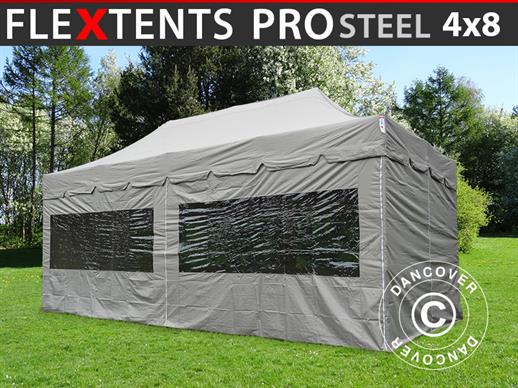 Faltzelt FleXtents PRO Steel "Peaked" 4x8m Latte, mit 6 Seitenwänden