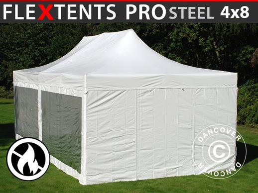 Tente pliante FleXtents PRO Steel 4x8m Blanc, Ignifugé, avec 6 cotés