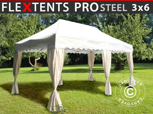 Tente Pliante FleXtents PRO Steel "Wave" 3x6m Blanc, avec 6 rideaux decoratifs