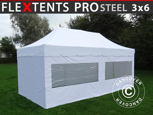 Faltzelt FleXtents PRO Steel "Peaked" 3x6m Weiß, mit 6 Seitenwänden