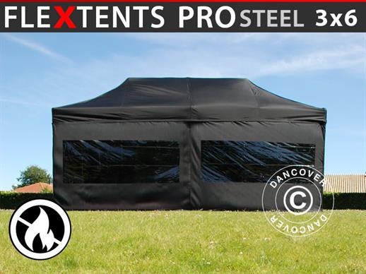 Tente Pliante FleXtents PRO Steel 3x6m Noir, Ignifugé, avec 6 cotés