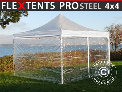 Quick-up telt FleXtents PRO Steel 4x4m Transparent, inkl. 4 sider