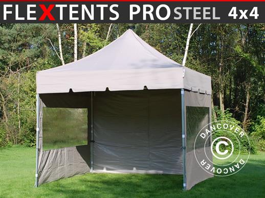 Faltzelt FleXtents PRO Steel "Peaked" 4x4m Latte, mit 4 Seitenwänden