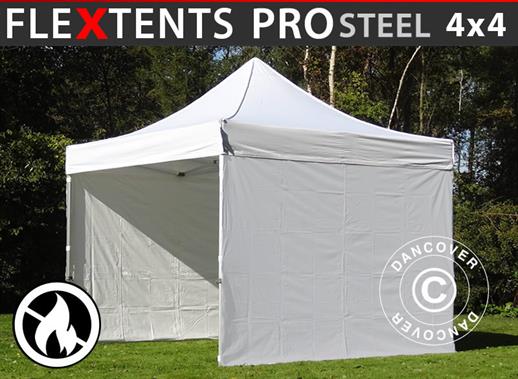 Gazebo pieghevole FleXtents PRO Steel 4x4m Bianco, Ignifugo, inclusi 4 fianchi