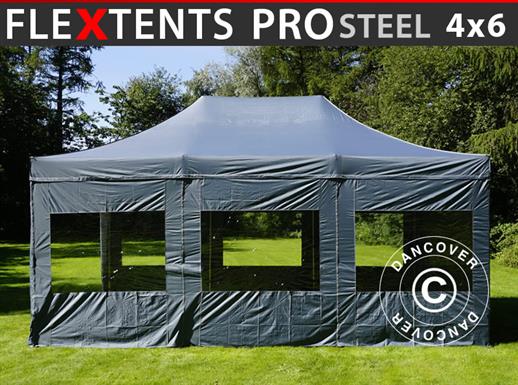 Faltzelt FleXtents PRO Steel 4x6m Grau, mit 8 Seitenwänden