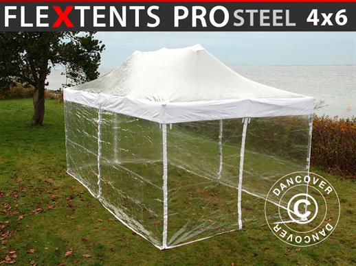 Faltzelt FleXtents PRO Steel 4x6m Transparent, mit 8 Seitenwänden