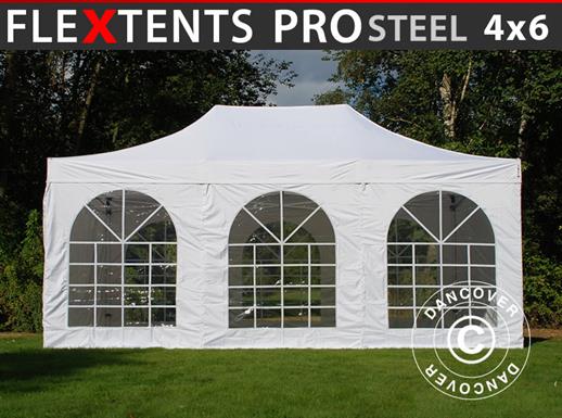 Faltzelt FleXtents PRO Steel Vintage Style 4x6m Weiß, mit 8 Seitenwänden