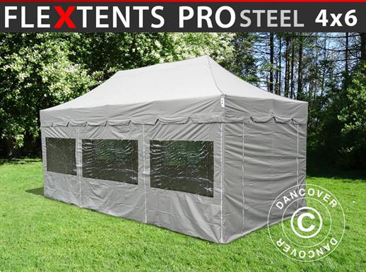 Faltzelt FleXtents PRO Steel "Peaked" 4x6m Latte, mit 8 Seitenwänden