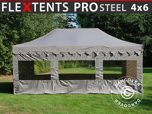 Faltzelt FleXtents PRO Steel "Morocco" 4x6m Latte, mit 8 Seitenwänden