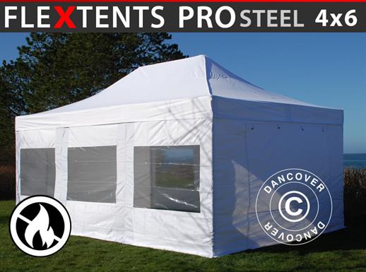 Tente pliante FleXtents PRO Steel 4x6m Blanc, Ignifugé, avec 8 cotés