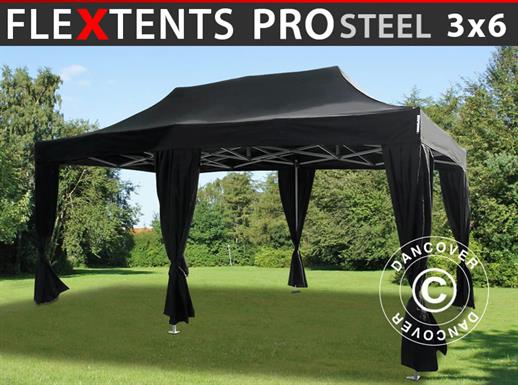 Tente pliante FleXtents PRO Steel 3x6m Noir, incl. 6 rideaux decoratifs