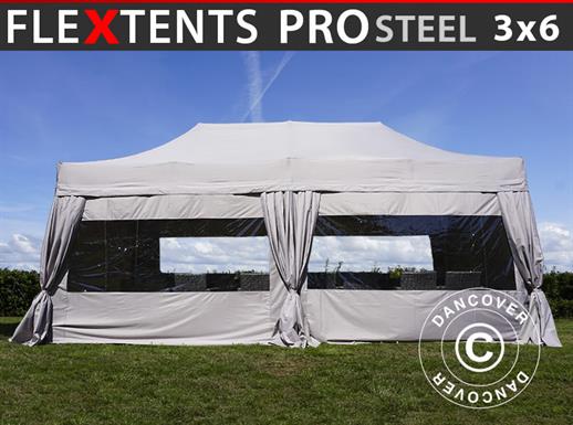 Faltzelt FleXtents PRO Steel 3x6m Latte, mit 6 Seitenwänden & Gardinen