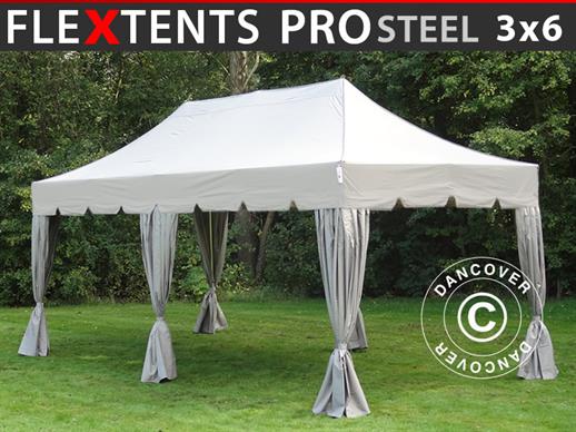 Tente Pliante FleXtents PRO Steel "Peaked" 3x6m Latte, avec 6 rideaux decoratifs