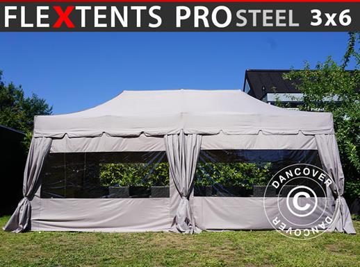 Faltzelt FleXtents PRO Steel "Peaked" 3x6m Latte, mit 6 Seitenwänden und 6 dekorative Gardinen