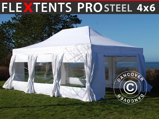 Tente Pliante FleXtents PRO Steel 4x6m Blanc, avec 8 cotés & rideaux décoratifs