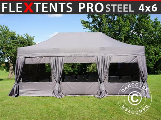 Tente Pliante FleXtents PRO Steel 4x6m Latte, avec 8 cotés & rideaux décoratifs