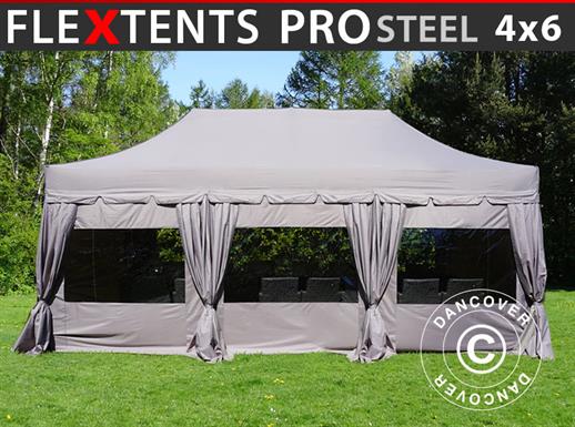 Faltzelt FleXtents PRO Steel "Peaked" 4x6m Latte, mit 8 Seitenwänden & Gardinen