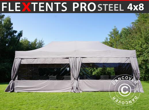 Faltzelt FleXtents PRO Steel 4x8m Latte, mit 6 Seitenwänden & Gardinen