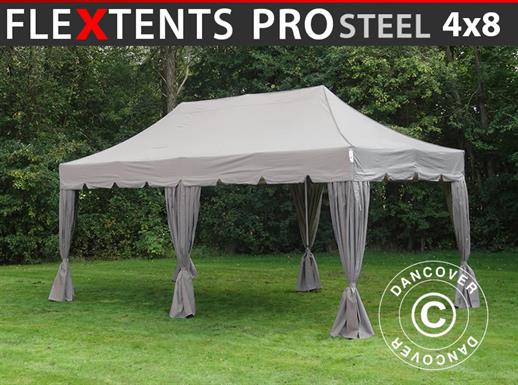 Tente Pliante FleXtents PRO Steel "Peaked" 4x8m Latte, avec 6 rideaux decoratifs