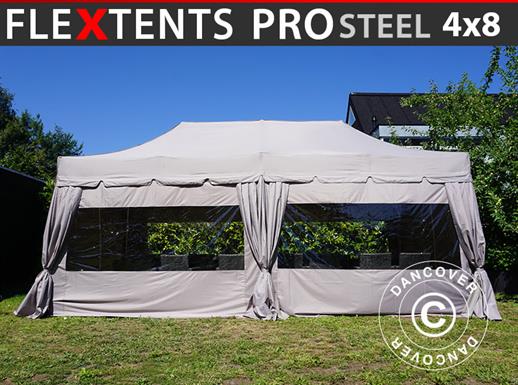 Tente pliante FleXtents PRO Steel "Peaked" 4x8m Latte, incl. 6 parois latérales et 6 rideaux décoratifs