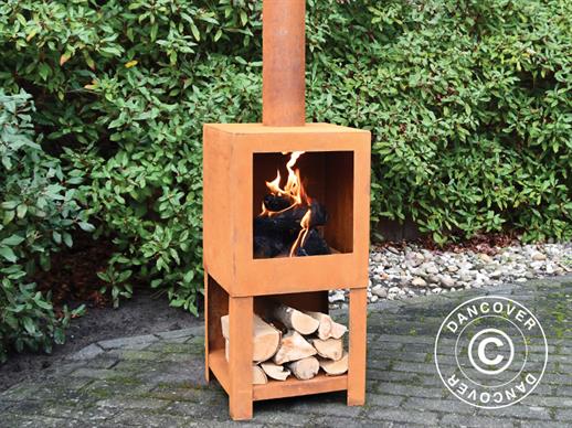 Chimenea exterior leñero exterior incluido, 38,4x38,4x136cm, Metal oxidado