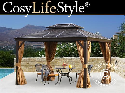 Gazebo San Bruno con tende e zanzariera, 3x4m, Marrone