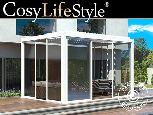 Cenador pérgola bioclimática San Pablo con puertas correderas, 3x4m, Blanco