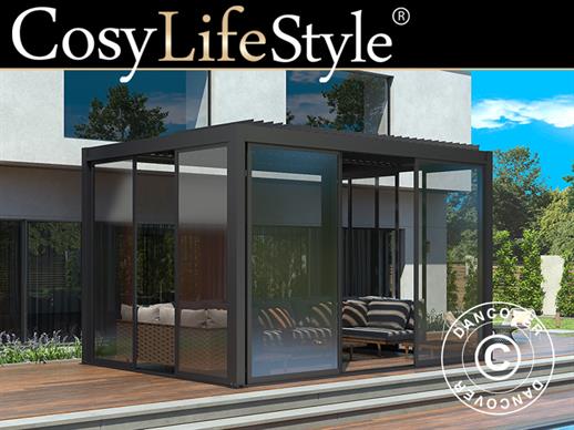 Cenador pérgola bioclimática San Pablo con puertas correderas, 4x4m, Negro