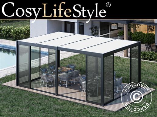 Cenador pérgola bioclimática San Pablo con puertas correderas, 3x5,8m, Negro/Blanco