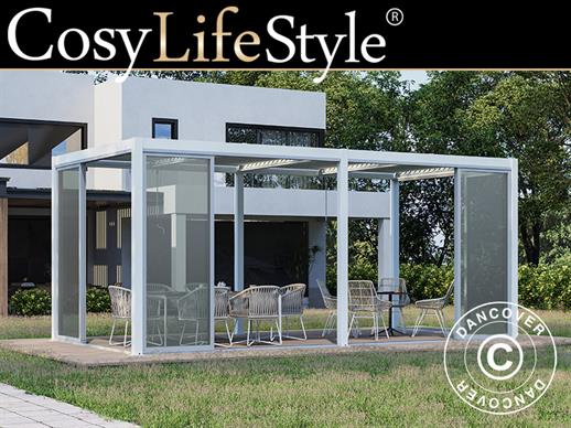 Cenador pérgola bioclimática San Pablo con puertas correderas, 4x5,8m, Blanco