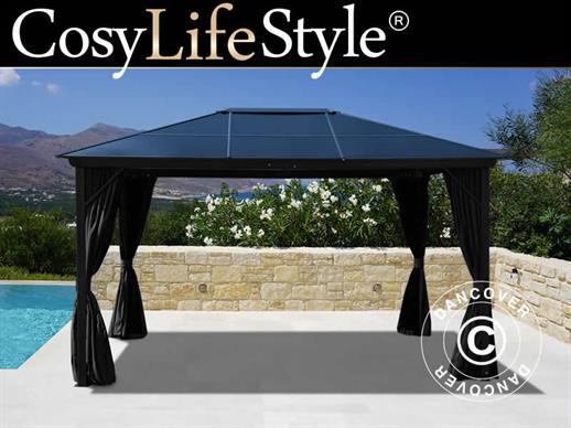 Gazebo Santa Barbara w/curtains and mosquito net, 3x4 m, Black