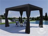 Pavilhão pergola bioclimático Monterey, 3x4m, c/cortinas e rede mosquiteira, Preto