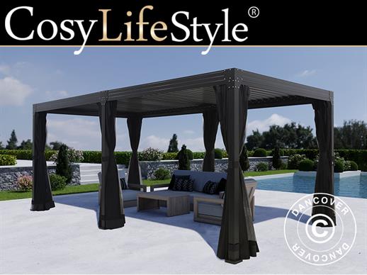 Cenador pérgola bioclimática Monterey, 3x6m, con cortinas y mosquitera, Negro