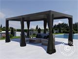 Cenador pérgola bioclimática Monterey, 3x6m, con cortinas y mosquitera, Negro