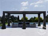 Cenador pérgola bioclimática Monterey, 3x6m, con cortinas y mosquitera, Negro