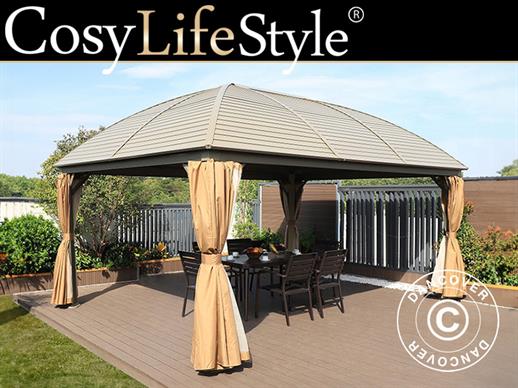 Gazebo San Jose con tendine e zanzariera, 3,6x5m, Ottone/Beige