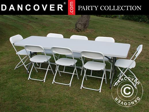 Party package, 1 folding table (240 cm) + 8 chairs, Light grey/White