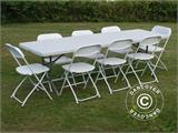 Parti forfait, 1 table pliante (240cm) + 8 chaises pliantes, Gris clair/Blanc