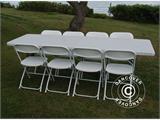 Conjunto para fiesta, 1 mesa plegable (240m) + 8 sillas, Gris claro/Blanco