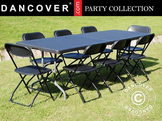 Party-Paket, 1 Klapptisch (240cm) + 8 Klappstühle, Schwarz